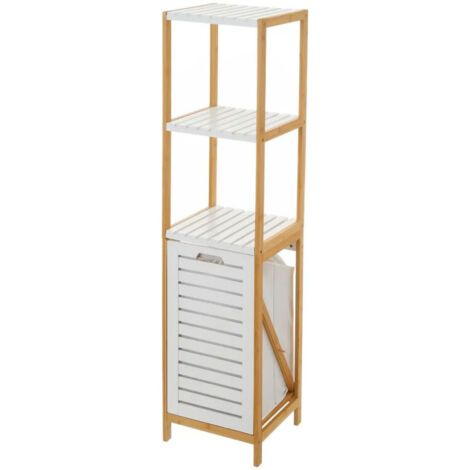 Étagère Salle de Bain avec Panier à Linge Blanc et Bambou