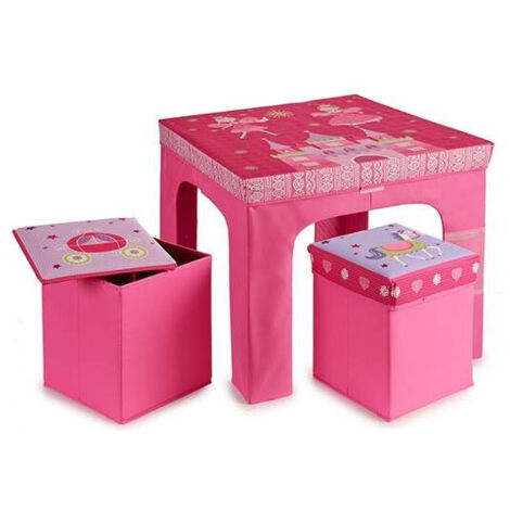 Table + 2 Tabourets Enfant Pliables Princesse Rose (1/2)