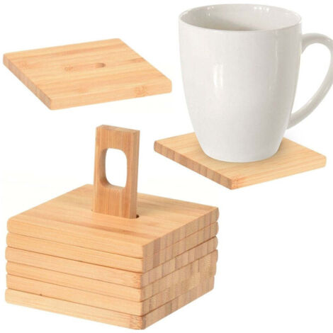 Coussinets de gobelets sur support, 6 pièces, 10 x 10 cm, bambou (1/3)