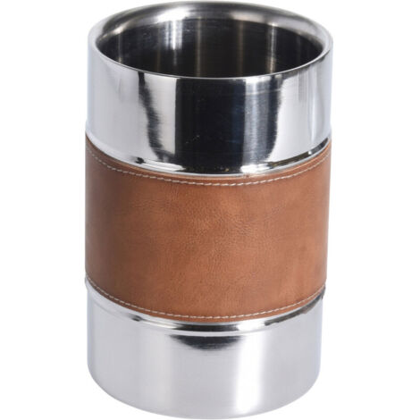 Rafraichisseur de Bouteille Double Paroi en Métal Chromé et Similicuir Marron