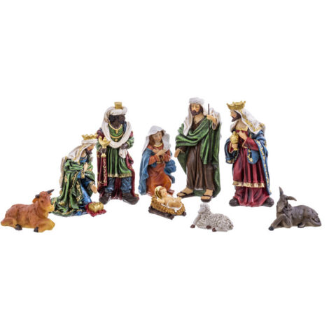 Set de 9 grands personnages de crèche de Noël – Figurines en polyrésine – Hauteur 31.5 cm – Décoration festive multicolore – Wadiga