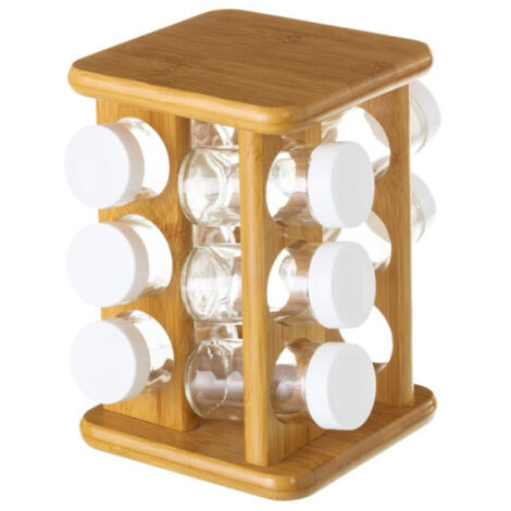 Support à épices en bambou rotatif et ses 12 pots à épices en verre (1/3)