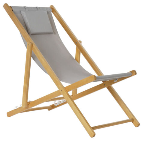 Chaise longue pliante chilienne en bois et tissu gris - 57.5x113x77cm (1/5)