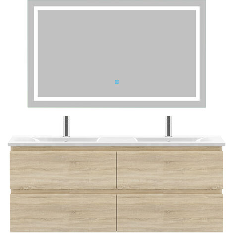 Acezanble Ensemble meubles salle de bain 120cm double vasque + miroir Chêne Wotan