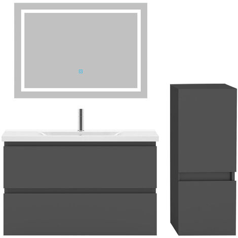 Acezanble Ensemble meubles Salle De Bain 80cm vasque et colonne et miroir LED Anthracite 4pcs (1/5)