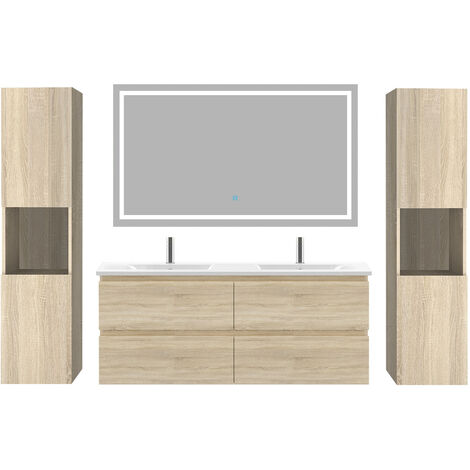 Acezanble Ensemble meubles Salle De Bain 120cm 4 tiroirs double vasque + colonne + miroir LED Chêne Wotan 5pcs