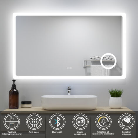 Acezanble – Miroir lumineux de salle de bain LED 120 x 70 cm – 3 couleurs – Anti-buée automatique – Épaisseur 5 mm – IP44 pour environnement humide