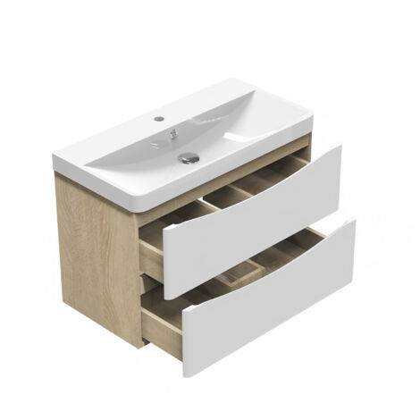 Acezanble – Meuble sous vasque 80cm – MDF blanc et chêne Wota – Dimensions 800x395x500mm – Installation facile avec espace de rangement