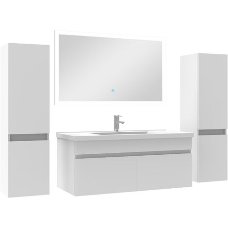 Ensemble meuble simple vasque L.100cm avec colonne + miroir Blanc (1/5)