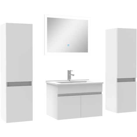 Ensemble meuble simple vasque L.60cm avec colonne + miroir Blanc (1/5)