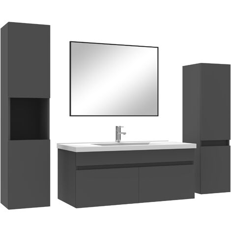 Ensemble Meuble Salle De Bain 100 Cm - Vasque, Colonne, Miroir Rond - Coloris Anthracite