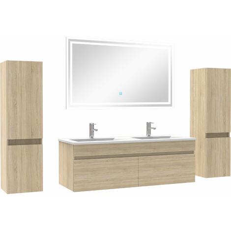 Ensemble meubles Salle de Bain double vasque 120cm, colonnex2 + miroir Chêne Wotan