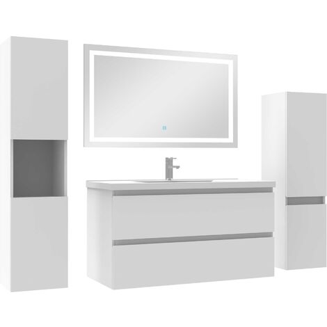Ensemble meubles Salle de Bain 100cm vasque + colonne + miroir LED Blanc