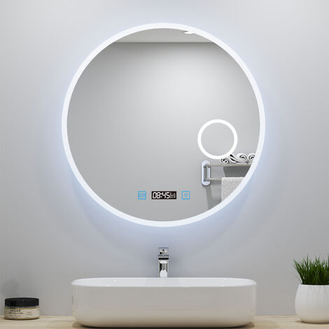 Acezanble – Miroir lumineux de salle de bain 70cm – Horloge intégrée – 3 couleurs d'éclairage – Dimmable – Anti-buée – Grossissant 3x