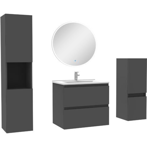 Ensemble meubles Salle de Bain 60cm simple vasque + colonne + miroir rond mural Anthracite (1/5)