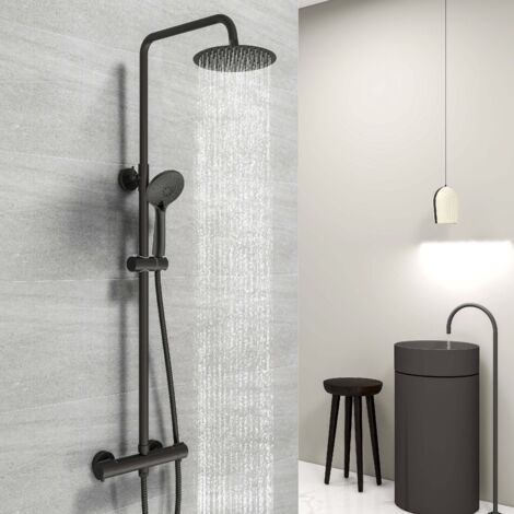 JOHO Colonne de Douche Acier inoxydable avec Douchette Salle de Bain Réglable en Hauteur, Ensemble Douche Pluie Murale sans Robinet avec Étagère, Pommeau Douche 25x25cm Chromé
