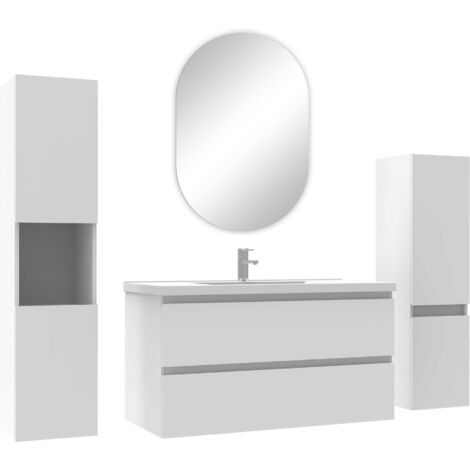 Acezanble ensemble meubles Salle de Bain 100cm vasque + colonne + miroir ovale mural Blanc (1/4)