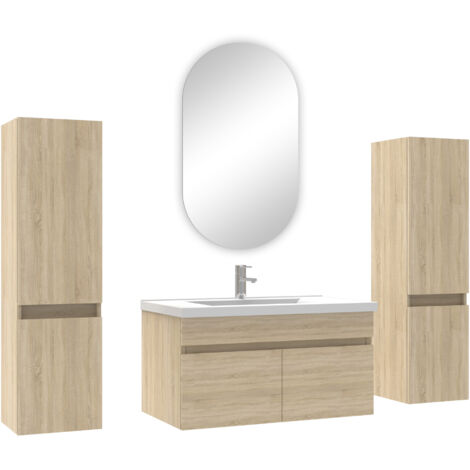 Acezanble ensemble meubles Salle de Bain simple vasque 80cm, colonnex2 + miroir ovale Chêne Wotan (1/4)