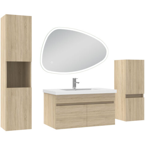 Acezanble meubles simple vasque 80cm vasque + colonne + miroir 3 couleurs lumineux Chêne Wotan (1/5)