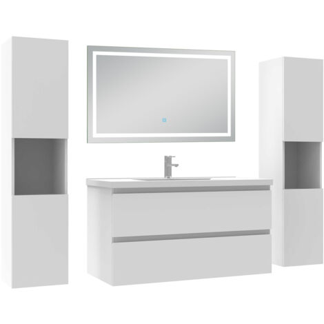 Acezanble Ensemble meubles Salle de Bain 100cm avec colonne et miroir lumineux 3 couleurs et dimmable blanc (1/5)