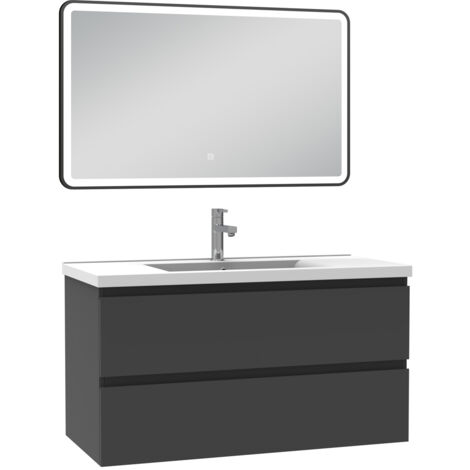 Meuble Vasque Salle De Bain AICA 60cm Avec Miroir LED - 3 Couleurs, Anti-buée, Rangement Spacieux - Anthracite, Facile à Installer