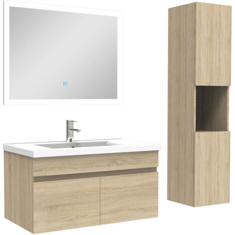 Acezanble Ensemble meuble Salle de Bain 80cm avec vasque + colonne + miroir lumineux dimmable chêne wotan (1/5)