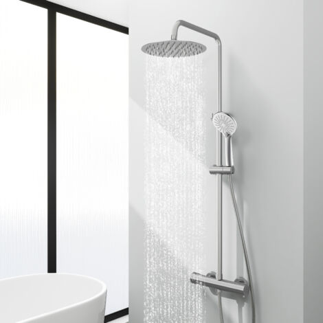 Acezanble colonne de douche thermostatique en laiton chromé, avec douche de tête ronde en acier inoxydable 25X25CM et douchette 3 fonctions, hauteur réglable 746mm-1306mm (1/5)