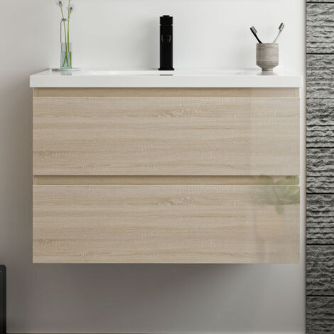 Acezanble Meuble salle de bain 80cm Chêne Wotan brillant avec 2 tiroirs à fermeture automatique et simple lavabo céramique