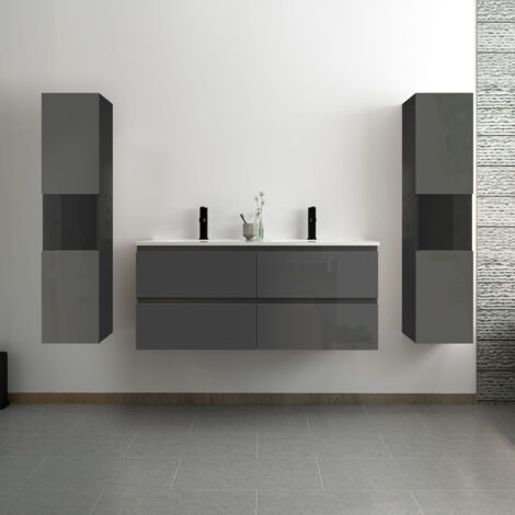 Acezanble – Ensemble meuble salle de bain 120 cm – 4 tiroirs à fermeture automatique – double lavabo céramique – colonne haute suspendue (1/5)
