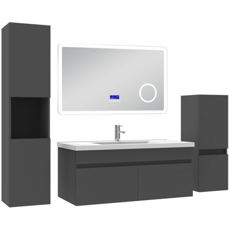 Acezanble Ensemble meuble salle de bain 100 cm anthracite, lavabo céramique + 2 colonnes + Miroir Bluetooth avec 3 couleurs dimmable, suspendu (1/5)