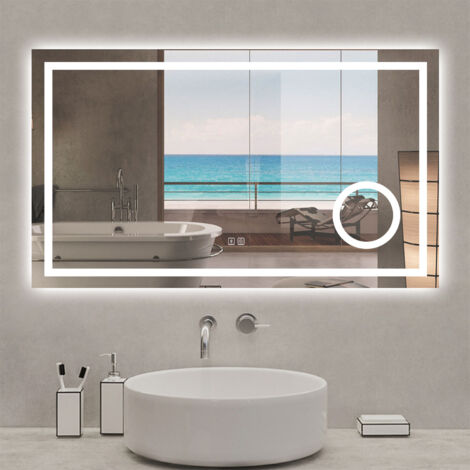 Acezanble – Miroir lumineux de salle de bain 120 x 70cm – Bluetooth – 3 couleurs – Dimmable – Grossissant – Anti-buée – Mémoire – IP44