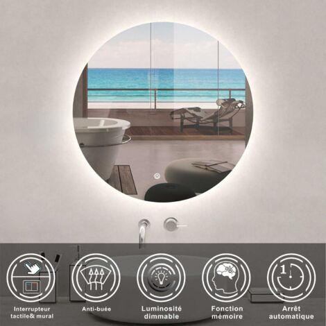 Miroir Lumineux Salle De Bain Rond 90cm LED Anti-Buée - Miroir Mural Avec Éclairage Tactile