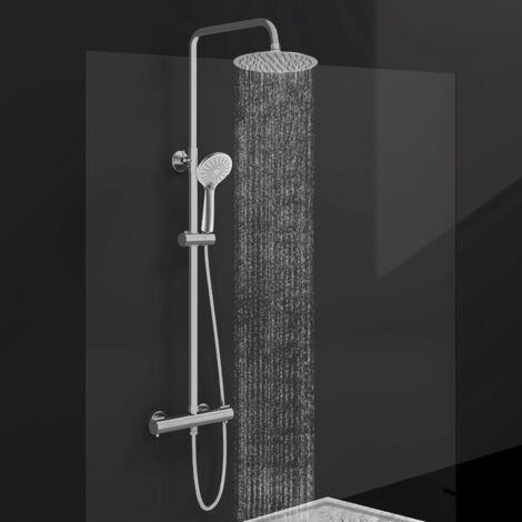 Acezanble colonne de douche thermostatique en laiton chromé, avec douche de tête ronde en acier inoxydable 20X20CM et douchette 3 fonctions, hauteur réglable 750-1280mm