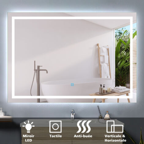 Miroir LED Salle De Bain 70x50cm Rectangulaire - Anti-Buée, Tactile, Blanc Chaud/Froid, Avec Prise