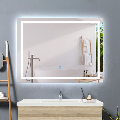 EMKE Miroir lumineux de salle de bain avec Interrupteur à bouton,  Anti-buée, deux couleurs claires, 80x60 cm Lumière Blanche Froide/Chaude