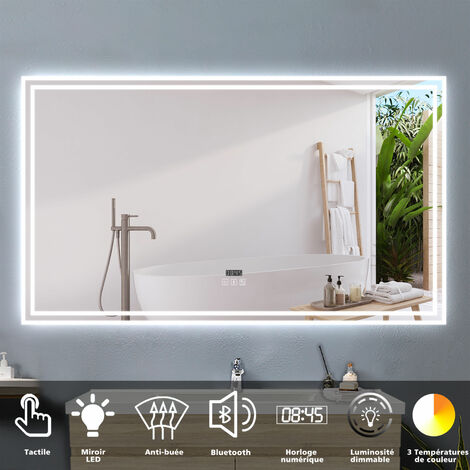 Acezanble – Miroir lumineux de salle de bain 140x80cm – Bluetooth – 3 couleurs réglables – Anti-buée – Horloge numérique – Installation facile