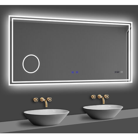 Acezanble – Miroir lumineux de salle de bain 120x70cm – Bluetooth, 3 couleurs, horloge numérique, anti-buée, grossissant x3 – Installation facile