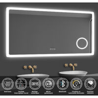Acezanble – Miroir salle de bain LED 100 x 60 cm – Bluetooth – 3 couleurs – Dimmable – Anti-buée – Grossissant 3x – Horloge