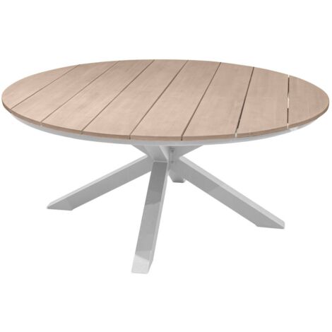 Hesperide – Table de jardin ronde 8 places en aluminium et bois FSC – Pieds ajustables pour stabilité – Entretien facile avec nettoyage à l'eau savonneuse