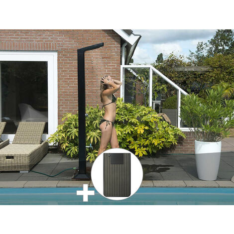 Ubbink – Douche solaire 35 L avec mitigeur et rince pieds – Colonne en aluminium noir – Hauteur 228 cm – Éclairage LED solaire