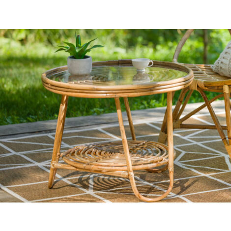 Table basse ronde en rotin naturel tressé – Plateau en verre 64x64cm – Élégance pour extérieur – Poids léger 5,6kg – Jardiline (1/4)
