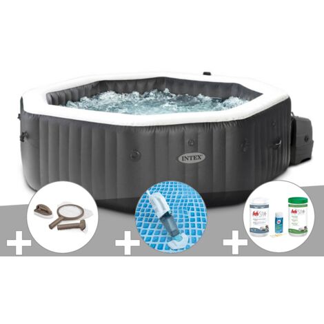 Kit spa gonflable Intex PureSpa Carbone octogonal Bulles et Jets 4 places + Kit traitement brome + Aspirateur + Kit d'entretien