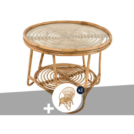Ensemble salon de jardin bohème, 2 fauteuils rotin rond + table basse - Jardiline (1/4)