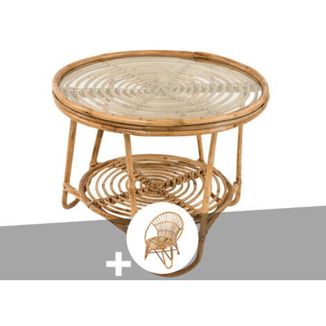 Ensemble salon de jardin bohème, fauteuil rotin rond + table basse - Jardiline (1/4)