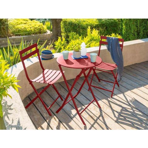 Hesperide – Salon de jardin rond en métal 60 cm – 2 chaises pliantes – Acier traité époxy résistant aux intempéries – Rouge pour petits espaces (1/4)