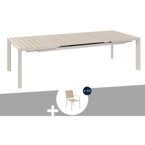 Table de jardin rectangulaire extensible alu Evasion 8/10 places Lin et Argile + 10 fauteuils Piazza - Hespéride (1/5)
