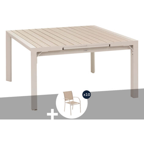 Table de jardin carrée extensible alu Evasion 8/10 places Beige/lin + 10 fauteuils - Hespéride (1/4)
