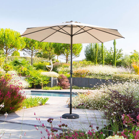 Hesperide – Parasol droit rond 3m taupe – Toile déperlant – Mât aluminium 48mm – Inclinable avec manivelle – Résistant aux UV et intempéries