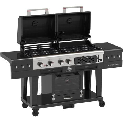 Barbecue hybride 3-en-1 noir – Surface de cuisson 12 503 cm² – Acier robuste avec grille en fonte – 3 brûleurs en inox – Allumage électrique