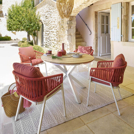 Hesperide – Table de jardin ronde 4 personnes – Plateau en bois d'acacia traité – Structure en aluminium résistant aux UV – D. 111,5 x H. 75,5 cm